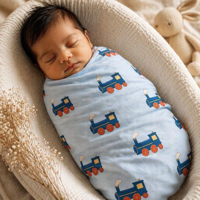 Mimi Swaddle Wrap | Steam Train | Little Voyager | Bamboo-Muslin, 3× Softer, 120×120cm | 0-6M