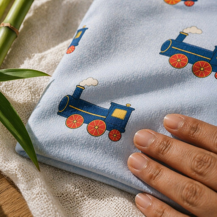 Mimi Swaddle Wrap | Steam Train | Little Voyager | Bamboo-Muslin, 3× Softer, 120×120cm | 0-6M