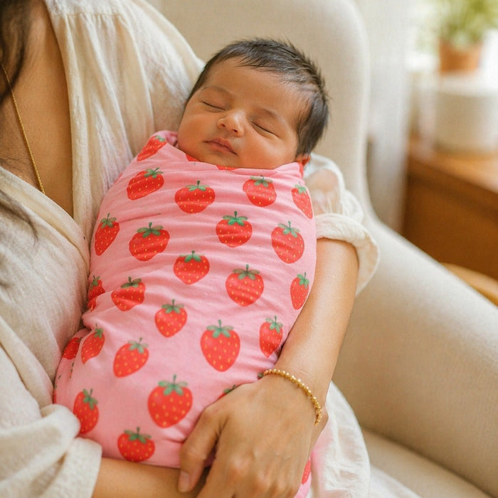 Mimi Swaddle Wrap | Strawberry Patch | Blossom | Bamboo-Muslin, 3× Softer, 120×120cm | 0-6M