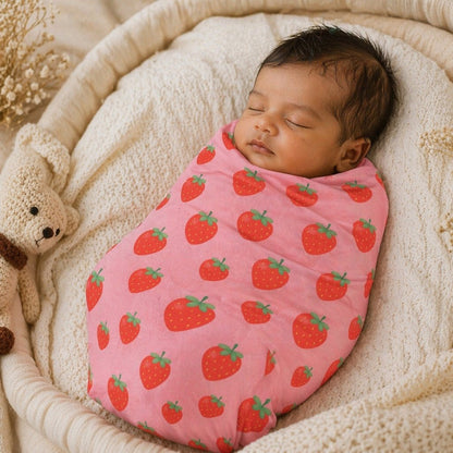 Mimi Swaddle Wrap | Strawberry Patch | Blossom | Bamboo-Muslin, 3× Softer, 120×120cm | 0-6M