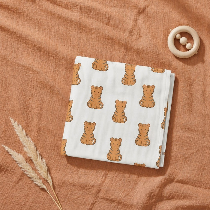Mimi Swaddle Wrap | Tiger Cub | Safari Tales | Bamboo-Muslin, 3× Softer, 120×120cm | 0-6M