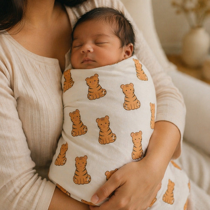 Mimi Swaddle Wrap | Tiger Cub | Safari Tales | Bamboo-Muslin, 3× Softer, 120×120cm | 0-6M