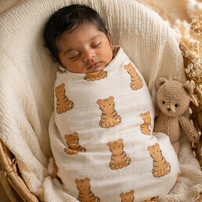 Mimi Swaddle Wrap | Tiger Cub | Safari Tales | Bamboo-Muslin, 3× Softer, 120×120cm | 0-6M