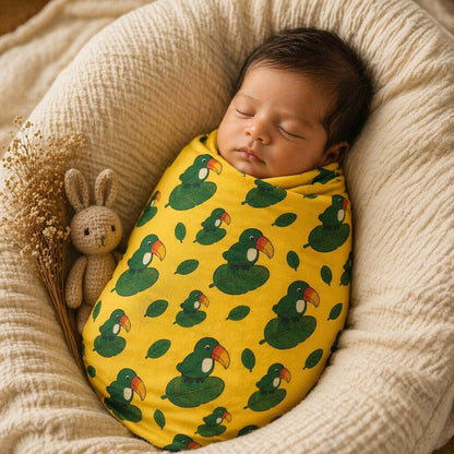 Mimi Swaddle Wrap | Toucan & Leaf | Tropicale | Bamboo-Muslin, 3× Softer, 120×120cm | 0-6M