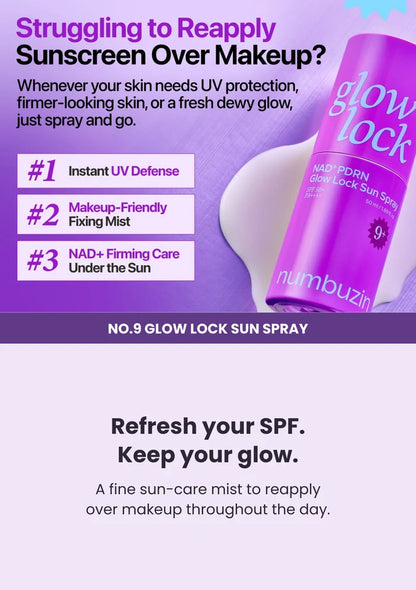 NUMBUZIN No.9 Glow Lock Sun Spray for reapplication over makeup, UV protection and a fresh dewy finish