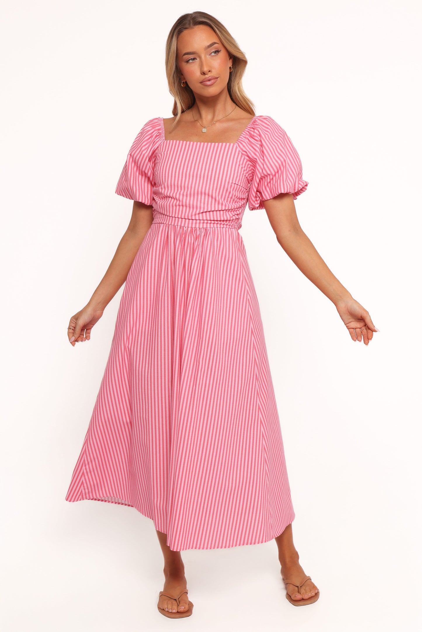 Chlo Puff Sleeve Midi Dress - Red Stripe