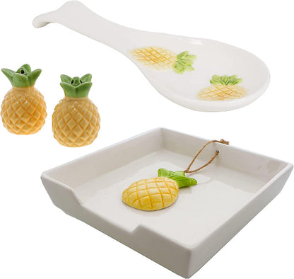 Pineapple Collection Matching Gift Set - Ceramic Napkin Holder, Spoon Rest & Salt & Pepper Shakers