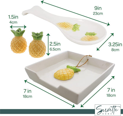 Pineapple Collection Matching Gift Set - Ceramic Napkin Holder, Spoon Rest & Salt & Pepper Shakers
