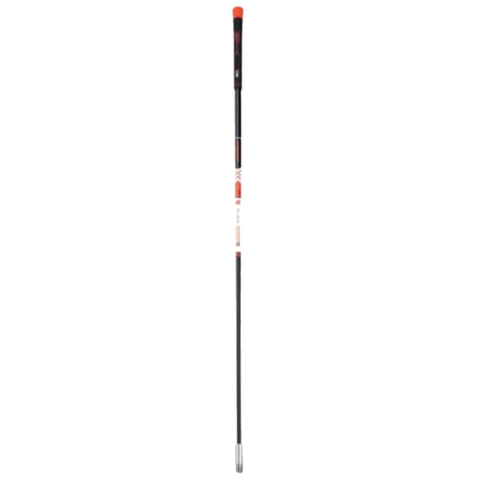 A straight, slender swing trainer is positioned vertically with an orange and red handle at the top and a metallic tip at the bottom in a plain white background.