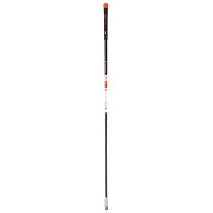 A straight, slender swing trainer is positioned vertically with an orange and red handle at the top and a metallic tip at the bottom in a plain white background.