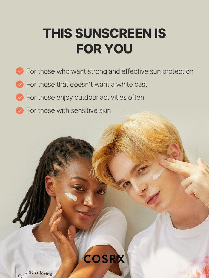 Lifestyle image of two models wearing COSRX Vitamin E Vitalizing Sunscreen SPF 50+ on skin, captioned ‘This sunscreen is for you’; formulated for sensitive skin with no white cast, offering strong sun protection and hydration for every skin tone and daily outdoor use.