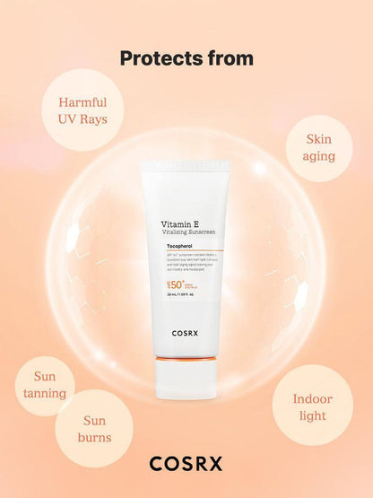 COSRX Vitamin E Vitalizing Sunscreen SPF 50+ visual showing protection from harmful UV rays, indoor light, and skin aging; broad-spectrum Korean sunscreen formulated to prevent sunburn and tanning while keeping skin hydrated, smooth, and balanced under makeup.