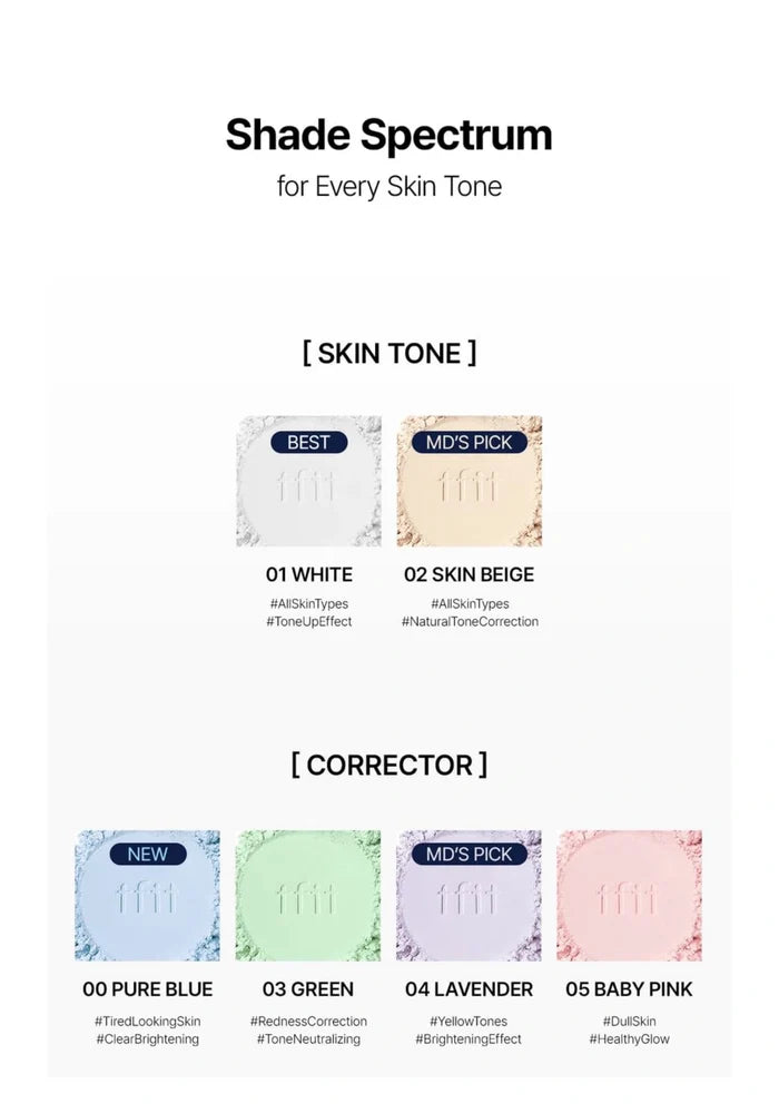 TFIT finishing powder shade spectrum comparing skin-tone shades with colour-correcting Green, Lavender and Baby Pink