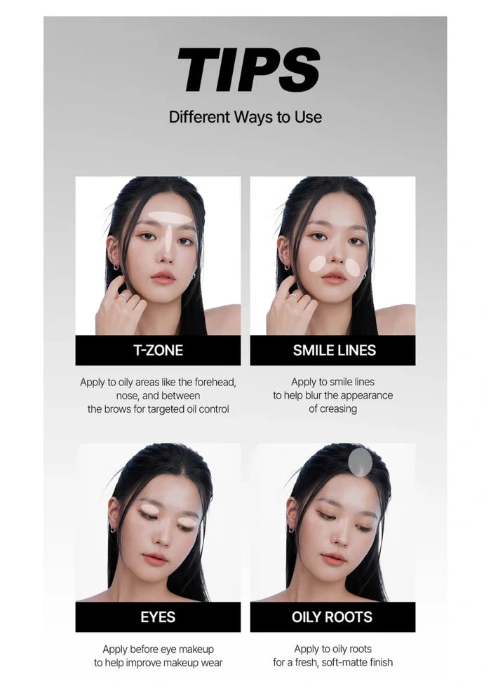 Complete TFIT application guide for the T-zone, smile lines, eyelids and oily hair roots, with each photograph and caption intact