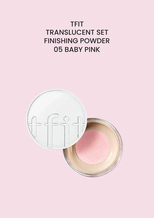 TFIT Translucent Set Finishing Powder 05 Baby Pink, renewed packaging on a shade-matched background