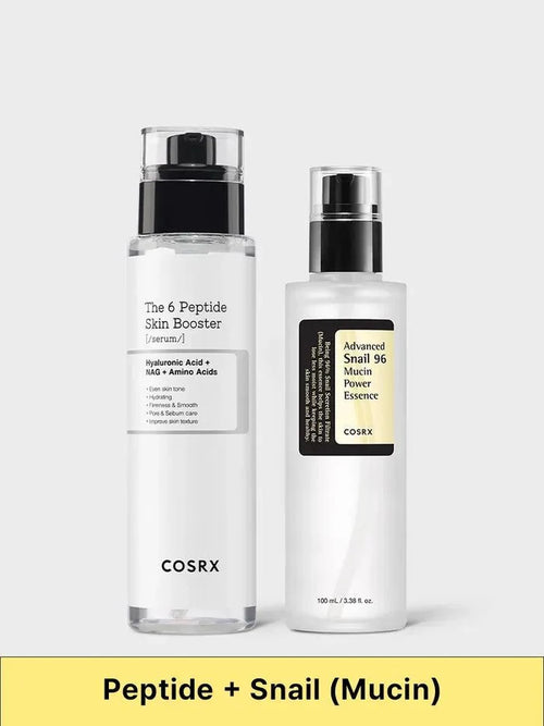 COSRX The 6 Peptide Skin Booster Serum shown with Advanced Snail 96 Mucin Power Essence, captioned 'Peptide + Snail (Mucin)'; synergy duo designed to enhance glow, elasticity, and barrier strength; suitable as a first-step serum routine for firm, radiant skin.