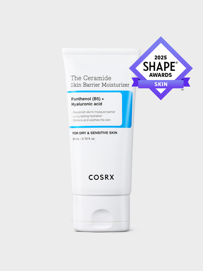 Award-winning COSRX The Ceramide Skin Barrier Moisturizer, recognized in the 2025 Shape Awards for its Ceramides, Cholesterol, Fatty Acids, Panthenol (B5), and 5 types of Hyaluronic Acid formula that replenishes hydration, strengthens the moisture barrier, and soothes dry, sensitive skin. Lightweight Korean moisturizer suitable for use under makeup and daily skin protection. Source: Shape Skin Awards Winners 2025.