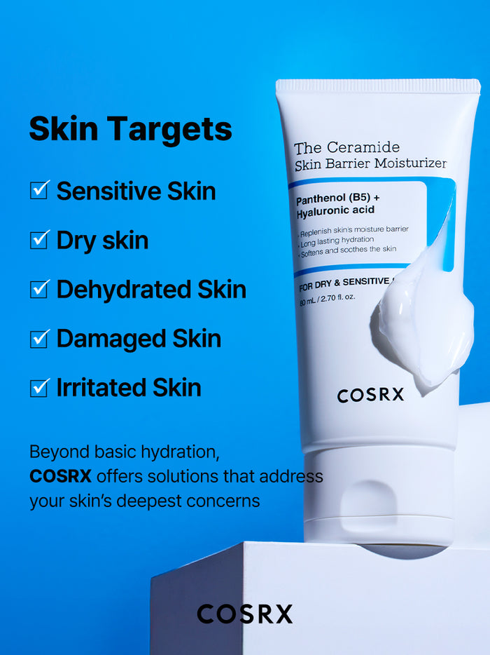 COSRX The Ceramide Skin Barrier Moisturizer targeting sensitive, dry, and dehydrated skin; formulated with Ceramides, Cholesterol, Fatty Acids, Panthenol (B5), and 5 types of Hyaluronic Acid to soothe irritation, repair damaged skin, and maintain hydration balance, ideal for use under foundation and for long-term barrier health.