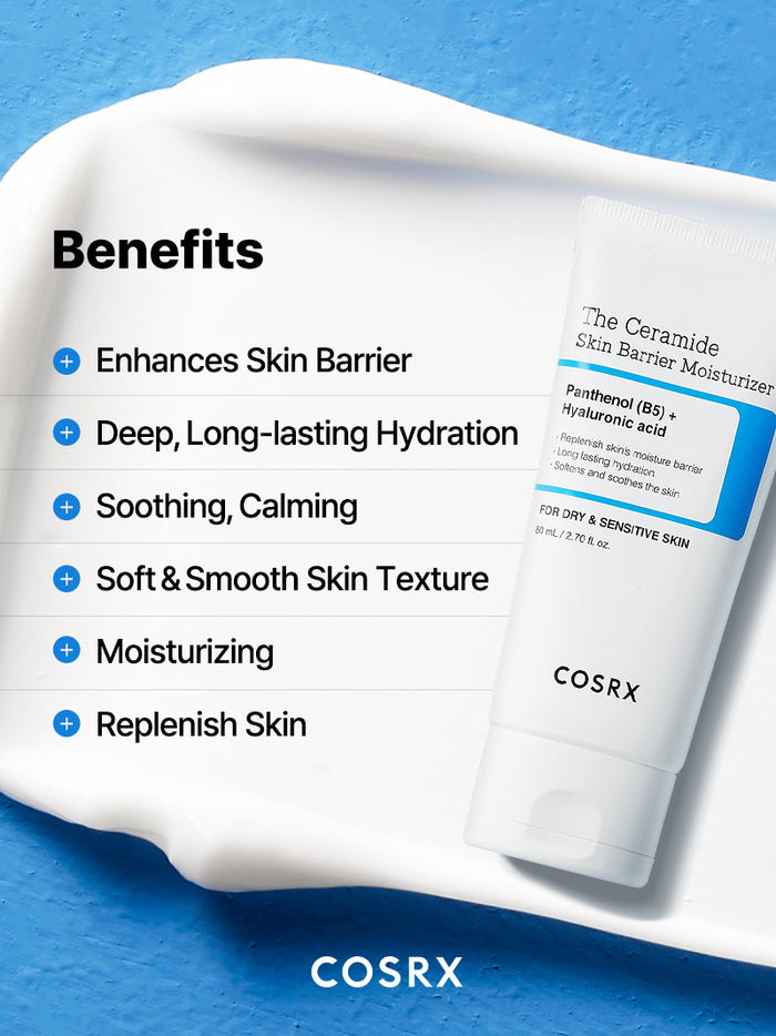 COSRX The Ceramide Skin Barrier Moisturizer displayed with benefits list including enhanced skin barrier, deep hydration, calming and smoothing effects; enriched with Ceramides, Cholesterol, Fatty Acids, Panthenol (B5), and 5 types of Hyaluronic Acid for soft, moisturized texture that supports anti-aging and makeup-ready skin.