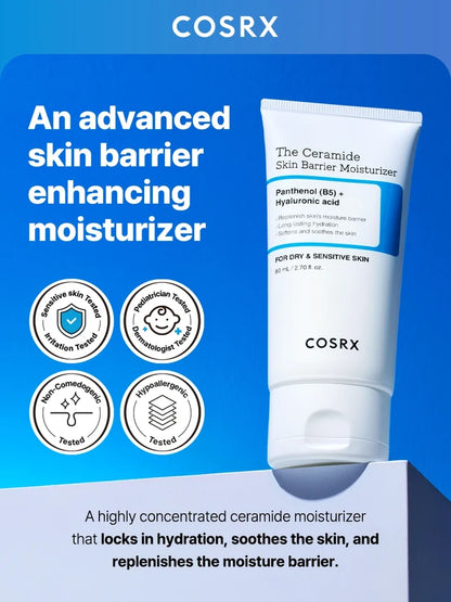 Clinically proven COSRX The Ceramide Skin Barrier Moisturizer with dermatologist and sensitive-skin test certifications; concentrated Panthenol (B5) and Hyaluronic Acid cream clinically proven to lock in hydration, replenish the barrier, and soothe irritation without clogging pores or causing breakouts.