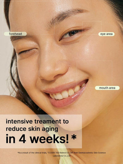 Close-up of radiant woman showing forehead, eye, and mouth area improvement after 4 weeks using COSRX The Retinol 0.5 Oil; intensive treatment that reduces wrinkles and aging signs while maintaining skin smoothness and barrier strength.