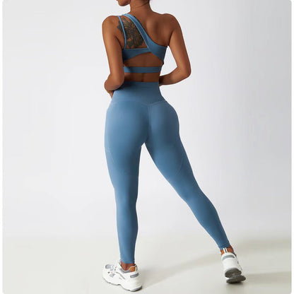Two Piece One-Shoulder Bra Gym Set Fitness Sports Scrunch Butt Lift Pants