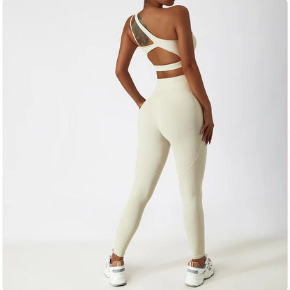 Two Piece One-Shoulder Bra Gym Set Fitness Sports Scrunch Butt Lift Pants