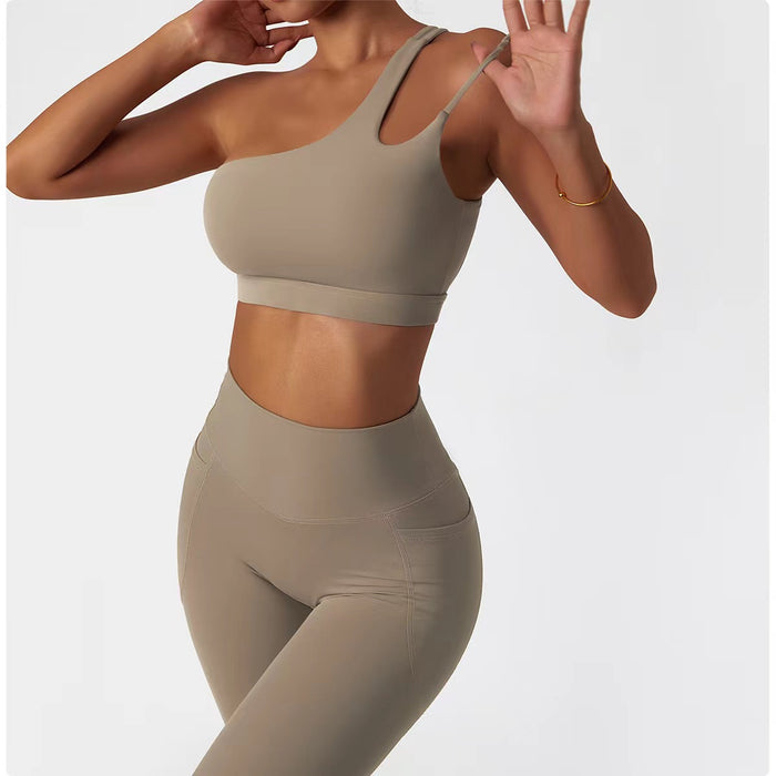 Two Piece One-Shoulder Bra Gym Set Fitness Sports Scrunch Butt Lift Pants