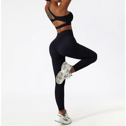 Two Piece One-Shoulder Bra Gym Set Fitness Sports Scrunch Butt Lift Pants
