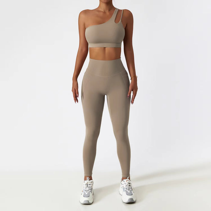 Two Piece One-Shoulder Bra Gym Set Fitness Sports Scrunch Butt Lift Pants