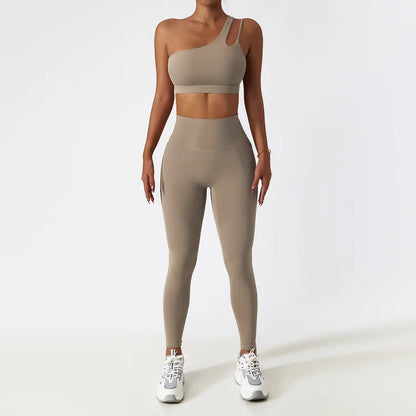 Two Piece One-Shoulder Bra Gym Set Fitness Sports Scrunch Butt Lift Pants