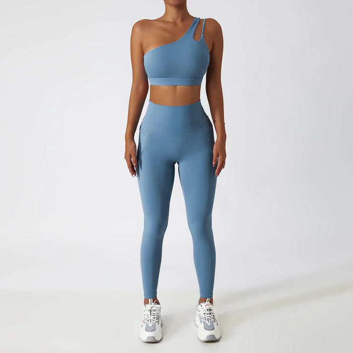 Two Piece One-Shoulder Bra Gym Set Fitness Sports Scrunch Butt Lift Pants