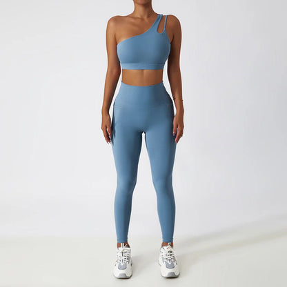 Two Piece One-Shoulder Bra Gym Set Fitness Sports Scrunch Butt Lift Pants