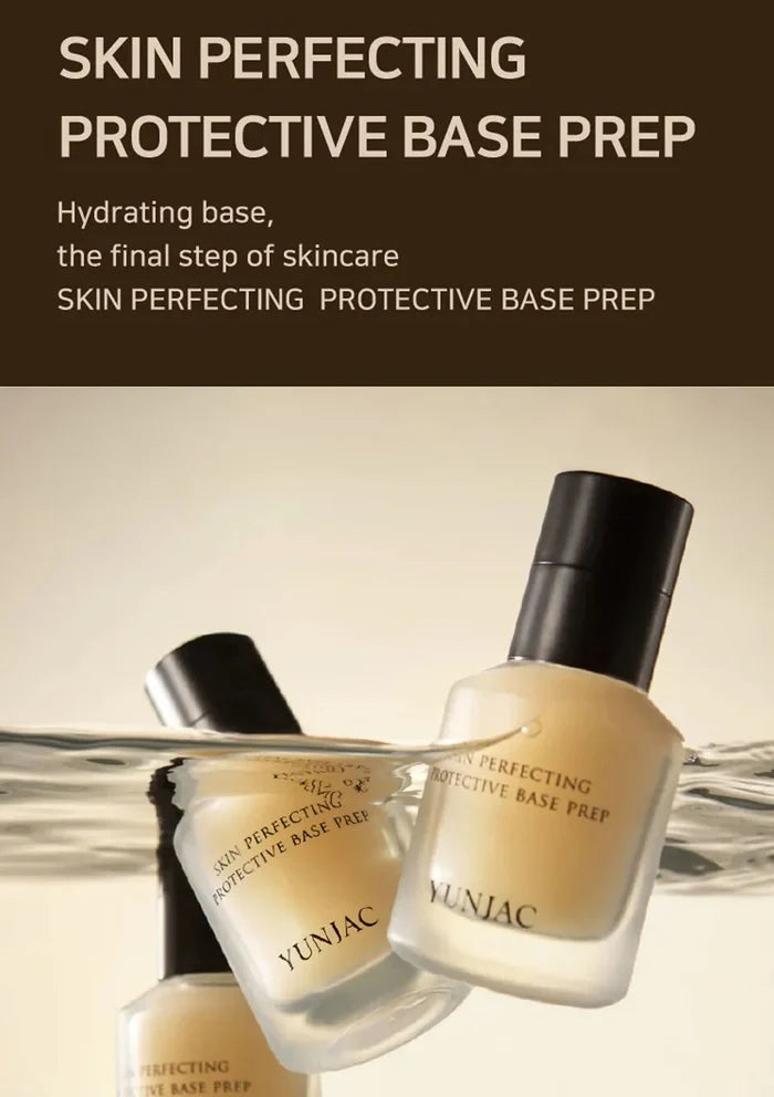 Yunjac Skin Perfecting Protective Base Prep bottles with text on a beige background