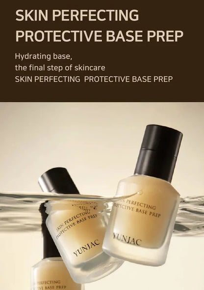 Yunjac Skin Perfecting Protective Base Prep bottles with text on a beige background