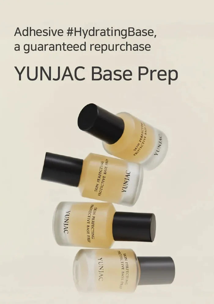 YUNJAC base prep bottles on a beige background with text about adhesive hydrating base.