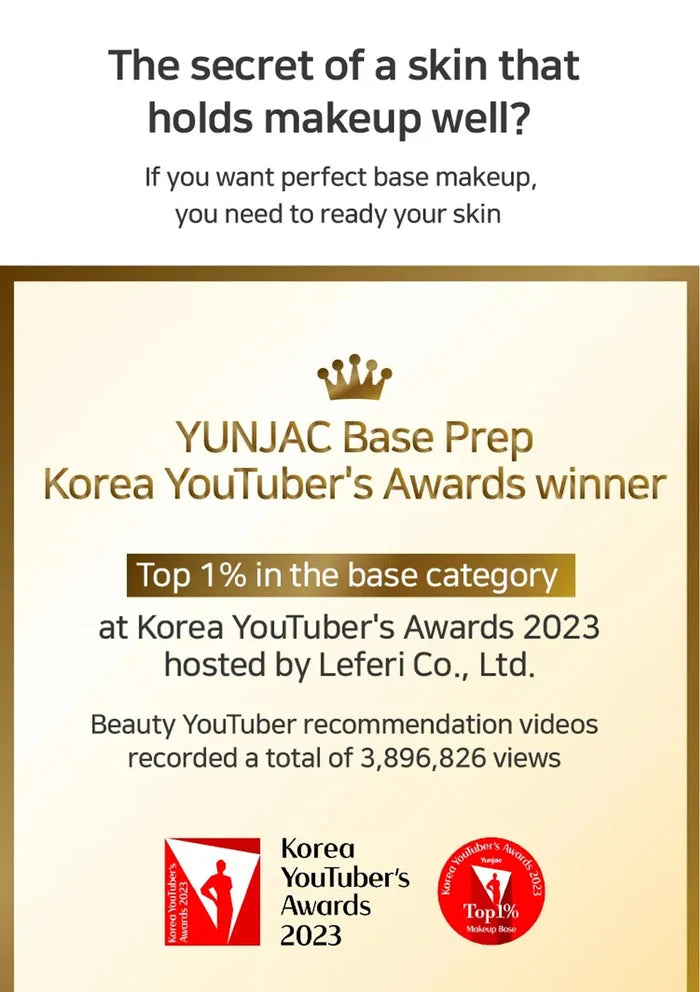 Advertisement for YUNJAC Base Prep with text about its success at Korea YouTuber's Awards 2023.