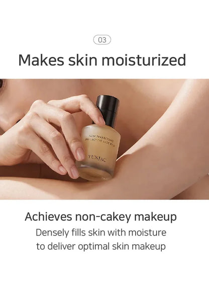 Hand holding a bottle of foundation with text about moisturizing skin and non-cakey makeup.